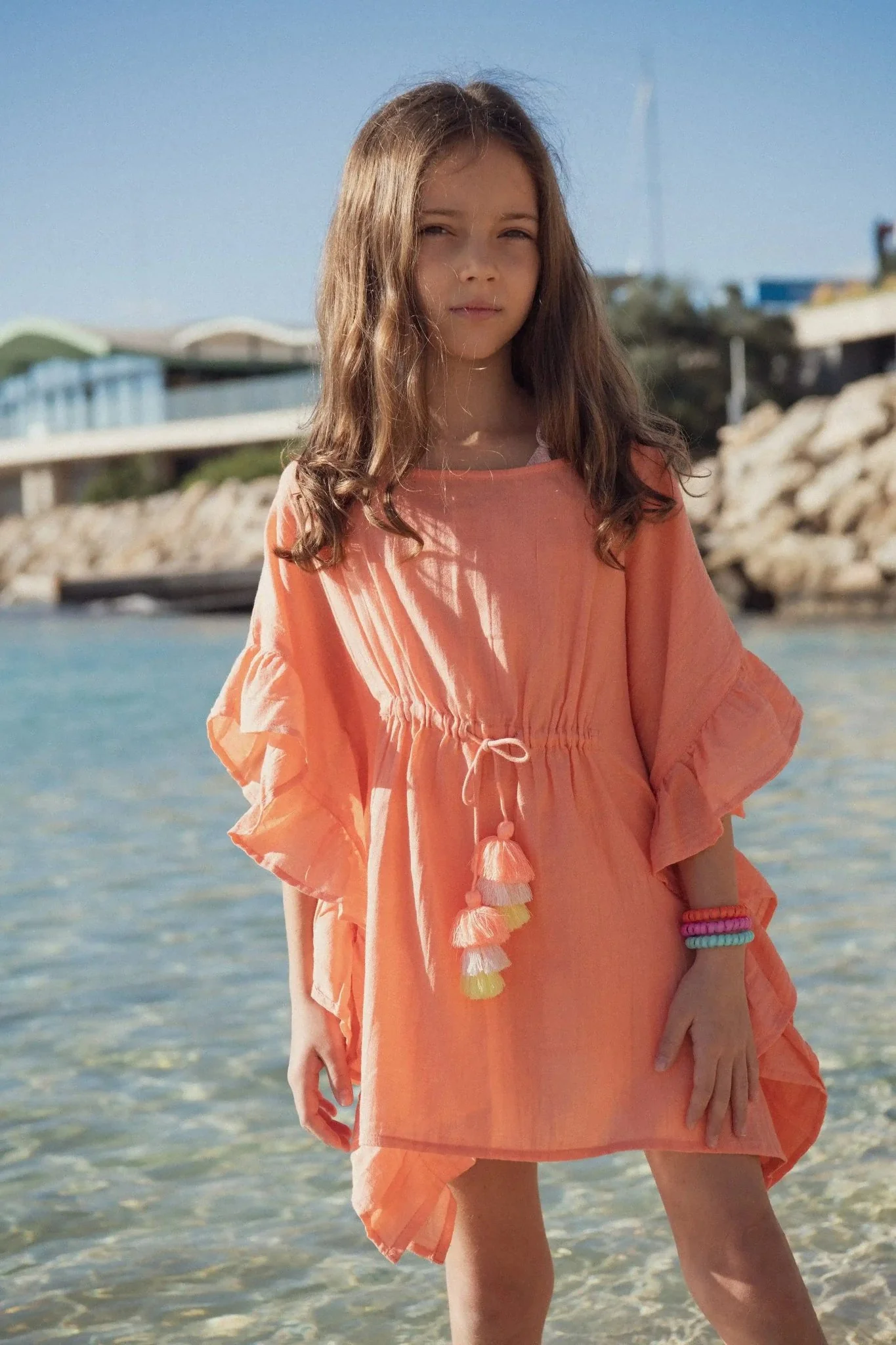 Caftan fille à pompons, corail | LEA - Image 4
